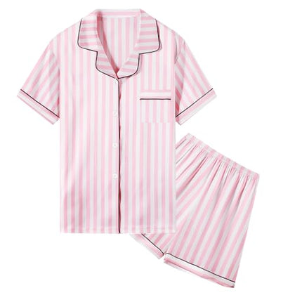 Umeyda Women & Girls Pajamas Set, Soft Satin Lightweight Silk Button-Down Top with Shorts 2 Piece PJS for Mom Boys Kids Gifts