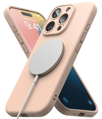 Ringke Silicone Magnetic [Compatible with MagSafe] Designed for iPhone 16 Pro Case, Feels Velvety Lightweight Slim Cute Soft Phone Cover for Women, Men - Pink Sand