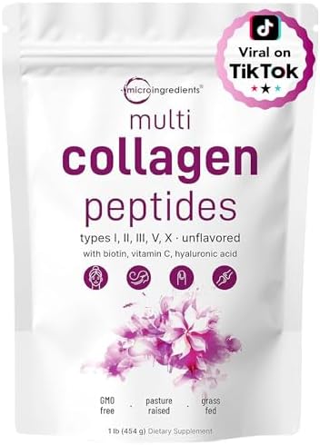 Micro Ingredients Multi Collagen Peptides Powder, 2lb (82 Servings) | Hydrolyzed Type I, II, III, V, X with Biotin, Hyaluronic Acid & Vitamin C. Unflavored Collagen for Women & Men, Easy Dissolve