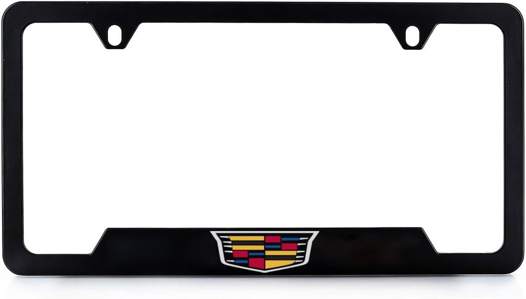 Cadillac Crest Wordmark Black Coated Zinc License Frame Bottom Engraved 2hole