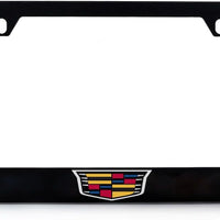 Cadillac Crest Wordmark Black Coated Zinc License Frame Bottom Engraved 2hole