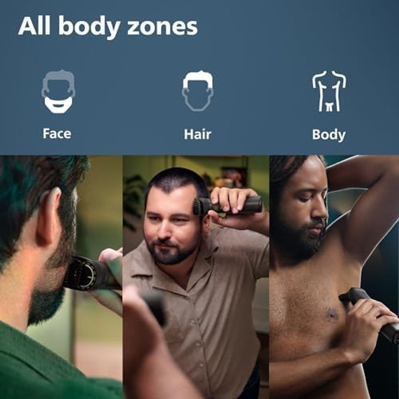 Philips Multigroom Series 9000 Recortadora 24 en 1 para Barba, Cabello y Cuerpo Kit de Aseo | Peine de Recorte de Precisión, Cuchillas de Acero Autoafilables, Tecnología BeardSense, Impermeable, El