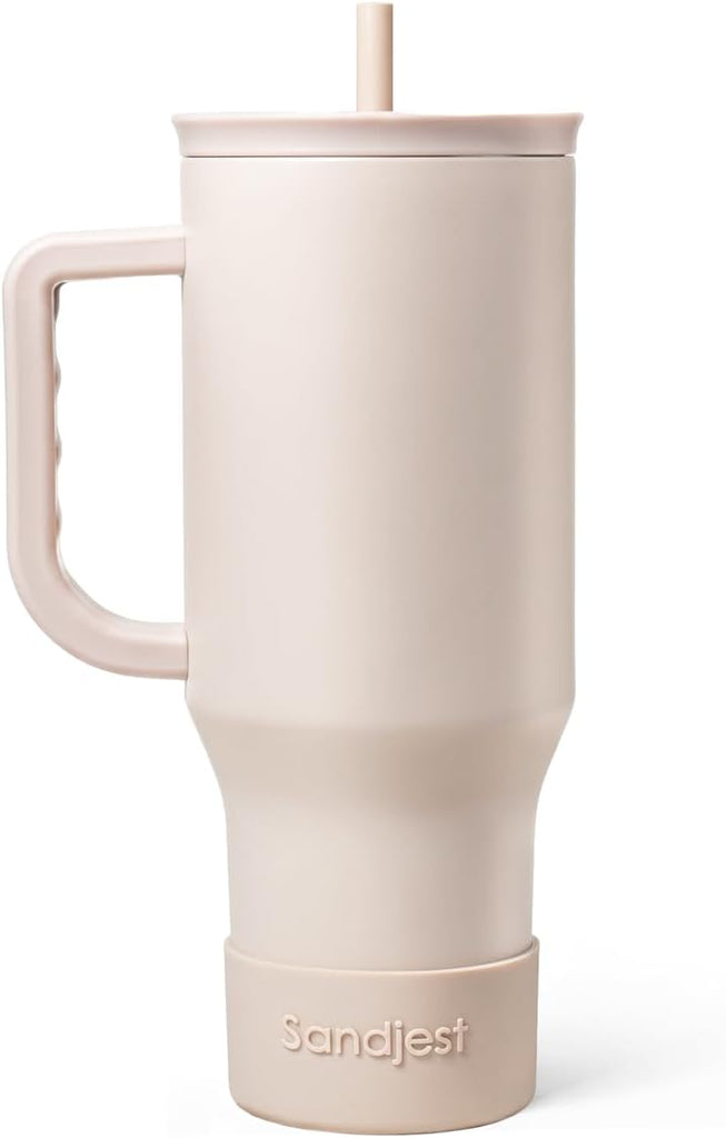 SANDJEST Brown 40oz Tumbler with Handle and Straw, Insulated Stainless Steel Travel Coffee Mug for Women Girls, Gift Idea for Birthday Christmas Mothers Day