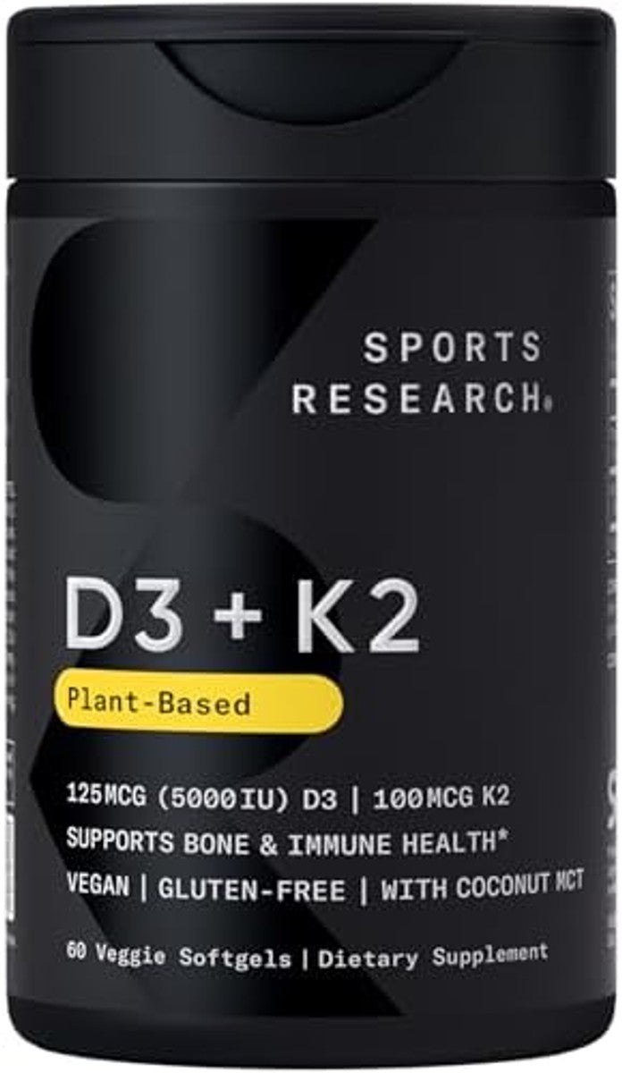 Sports Research® Vitamina D3 + K2 con aceite de coco, vitamina D vegana 5000iu y vitamina K Mk7 de 100 mcg para apoyo óseo e inmunológico, certificado vegano, sin OMG, sin soja, 60 cápsulas blandas