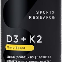 Sports Research® Vitamina D3 + K2 con aceite de coco, vitamina D vegana 5000iu y vitamina K Mk7 de 100 mcg para apoyo óseo e inmunológico, certificado vegano, sin OMG, sin soja, 60 cápsulas blandas