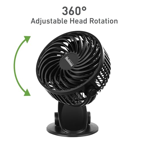 Holmes Ventilador Personal Portátil de 4" con Clip – 3 Velocidades, Rotación 360°, Batería Recargable, Carga USB-C, Diseño Compacto y Portátil, Negro – Ideal para Escritorios y Espacios Personales