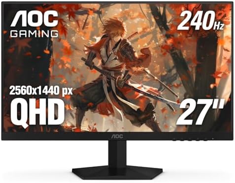 AOC 27 Inch QHD Gaming Monitor 240Hz 0.3ms, Overclock 260Hz, IPS, 2560x1440, G-Sync Compatible, HDR Ready, DisplayPort 1.4 HDMI 2.0, VESA Mount, 3-Year Zero-Bright-Dot, Q27G41ZE
