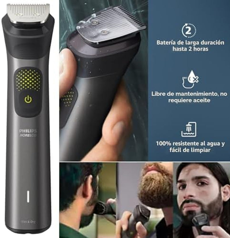 Philips Multigroom Series 9000 Recortadora 24 en 1 para Barba, Cabello y Cuerpo Kit de Aseo | Peine de Recorte de Precisión, Cuchillas de Acero Autoafilables, Tecnología BeardSense, Impermeable, El