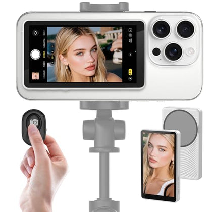 Wireless Vlog Selfie Monitor Screen for iPhone & Android, Bluetooth Remote, 180° Flip, Magnetic Stand, Wide Screen Mode, 1800mAh Battery, Rear Camera Live View for TikTok & YouTube (White)