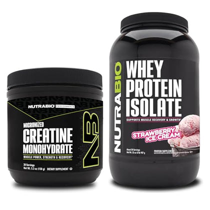 NutraBio Creatine Monohydrate, Unflavored, 150g and Whey Protein Isolate, Strawberry Ice Cream, Supplement Bundle - Muscle Energy, Lean Muscle Growth, Recovery, and Strength