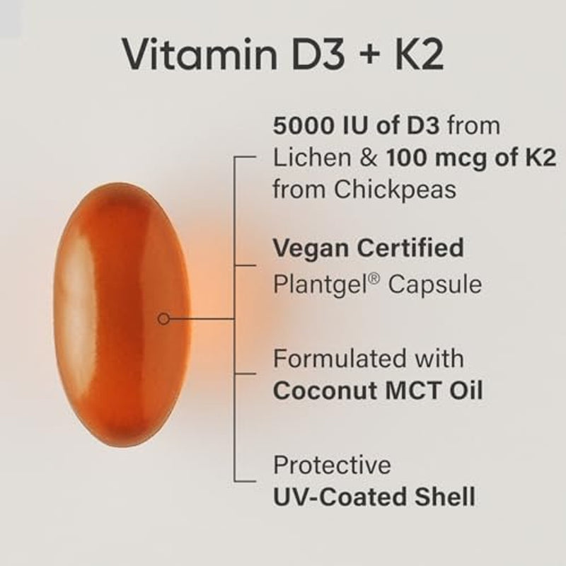 Sports Research® Vitamina D3 + K2 con aceite de coco, vitamina D vegana 5000iu y vitamina K Mk7 de 100 mcg para apoyo óseo e inmunológico, certificado vegano, sin OMG, sin soja, 60 cápsulas blandas