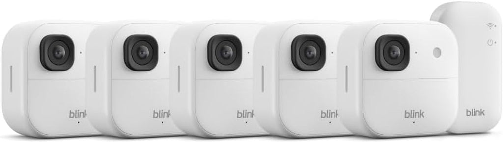 Blink Outdoor 2K+ (newest model) — Wireless smart security camera, 2K video resolution, enhanced audio, two-year battery. Sync Module Core included — 5 camera system (White)
