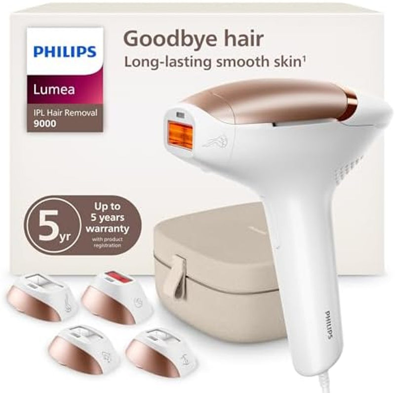 Philips Lumea 9000 Series Dispositivo de depilación IPL Reducción permanente de vello láser para mujeres y hombres, fácil y cómodo de usar en casa, SenseIQ, 4 accesorios para cuerpo, cara, bikini y axilas, BRI984/03