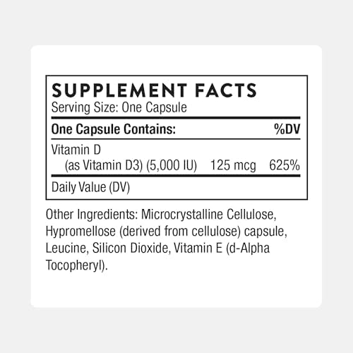 THORNE - Vitamin D-5,000 - Vitamin D3 Supplement - Supports Healthy Bones, Teeth & Muscles, Plus Cardiovascular & Immune Function* - NSF Certified for Sport - Gluten, Dairy & Soy-Free - 60 Capsules