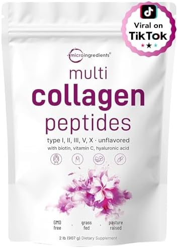 Micro Ingredients Multi Collagen Peptides Powder, 2lb (82 Servings) | Hydrolyzed Type I, II, III, V, X with Biotin, Hyaluronic Acid & Vitamin C. Unflavored Collagen for Women & Men, Easy Dissolve