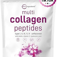 Micro Ingredients Multi Collagen Peptides Powder, 2lb (82 Servings) | Hydrolyzed Type I, II, III, V, X with Biotin, Hyaluronic Acid & Vitamin C. Unflavored Collagen for Women & Men, Easy Dissolve