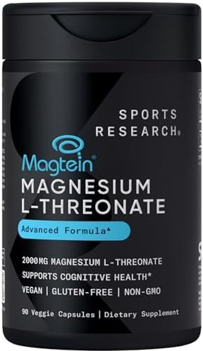 Sports Research® Cápsulas de L-treonato de magnesio de 2000 mg - Magtein® de alta absorción para mejorar la salud cerebral, la memoria, la concentración y el apoyo del sueño reparador - Vegano · Sin