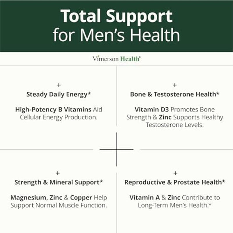 Visita la tienda de Vimerson Health Suplemento multivitamínico multimineral diario para hombres - Vitaminas A, C, E, D, B1, B2, B3, B5, B6, B12. Magnesio, biotina, espirulina, zinc. Antioxidante completo, energía e inmunológica. 60 cápsulas