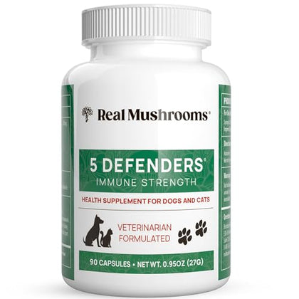 5 Defenders Mushroom Supplement for Cats & Dogs – Chaga, Shiitake, Reishi, Turkey Tail, Maitake – Cat Multivitamin & Dog Supplement for Wellness Support– 90 ct Real Mushrooms Powder Capsules