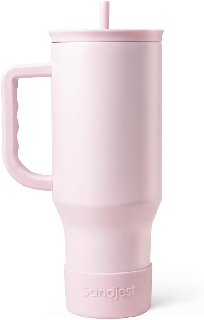SANDJEST Light Pink 40oz Tumbler with Handle and Straw, Insulated Stainless Steel Travel Coffee Mug for Women Girls, Gif