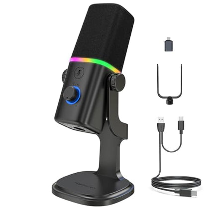 XLR/USB Dynamic Microphone for Gaming Podcast,Mic for iPhone Phone PC Computer Gaming Streaming Microphone with RGB Light,Mute Button,Mic Gain,Headphones Jack,Desktop Stand,Singing YouTube