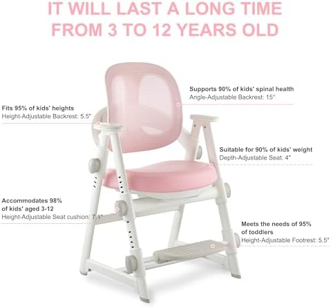 Ergonomic Kids' Study Chair, Height Adjustable Kids Desk Chair for Boys Girls,Comfortable for Teenagers Playing, Drawing, Ideal Gift for Children,Students（Pink）