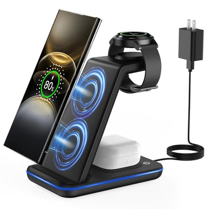 Wireless Charger for Samsung&Android: JoyGeek 3 in 1 Charging Station for Galaxy Watch7 Pro/4/3/Active2/1 - Phone Charger Stand for S24/S23 Ultra/S22/S21/S20/Note 20, Z Fold&Flip Series, Buds 3 Pro