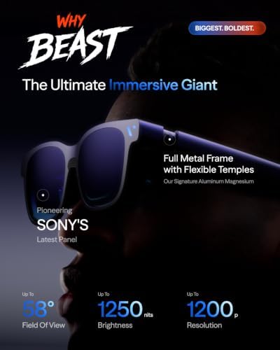 VITURE Beast XR/AR Glasses: Biggest. Boldest. Smartest. 174" 1200p, 58°FOV | with Sony Micro-OLED, 1250 nits, 120Hz, 9-level dimming, 3DoF, HARMAN AudioEFX, for iPhone 15 & Later, Android, Mac/PC