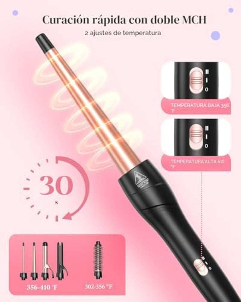 Lopeie Rizador 5 en 1 con cepillo térmico y 4 barriles de cerámica intercambiables (1/2 a 1 1/2 pulgadas), juego de varita rizadora con plancha plana, calentamiento rápido, rizador de pelo de doble voltaje, regalos para mujeres