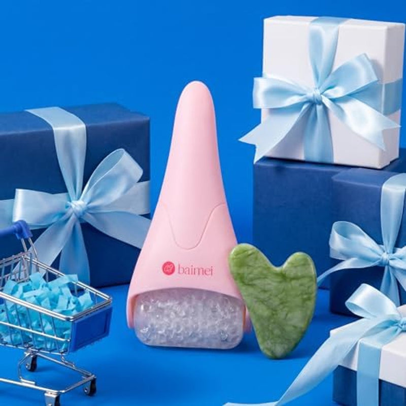 BAIMEI IcyMe - Rodillo de hielo para cara y juego de herramientas faciales Gua Sha, rodillo facial de hielo que reduce la hinchazón, alivia las migrañas, herramientas para el cuidado de la piel