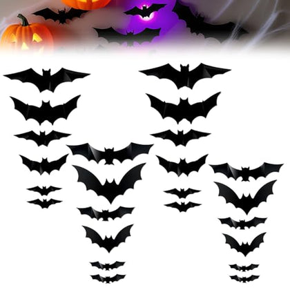 2025 New Halloween 3D Lighted Bats, LED Purple Lighted 3D Bats Halloween Decoration, Upgrade LED Glowing Bat Group Hanging Wall Luminous Glow Clings Multipack (24Pcs Black)
