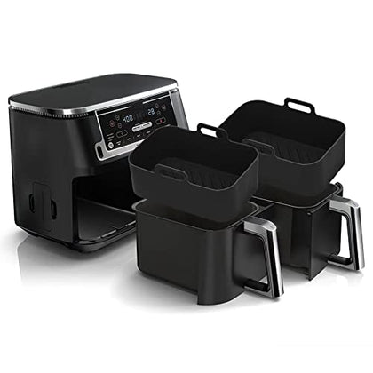 2Pcs Air Fryer Silicone Liners Rectangular for Ninja Foodi Dual DZ201 8QT/DZ090 6QT, MMH Reusable Non Stick Airfryer Dual Basket Accessories for Chefman 6QT/Instant Vortex Plus XL 8QT, Black