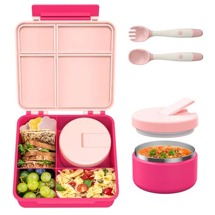 Bento Lunch Box with 8oz Soup Thermo, Leak-Proof Lunch Containers with 4 Compartment, Thermo Hot Food Jar and Insulated Lunch Box for School Pink