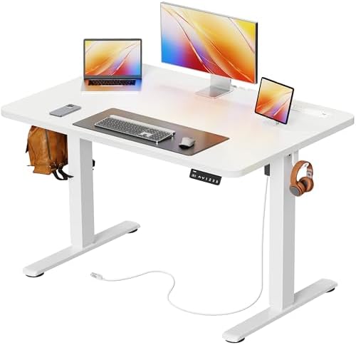 Huuger Electric Standing Desk with Power Outlets and USB-C Port, 47 X 24 Inch Height Adjustable Desk, Sit Stand Desk for Home Office, Computer & Gaming Desk with 4 Presets, Stable Steel Frame, Black