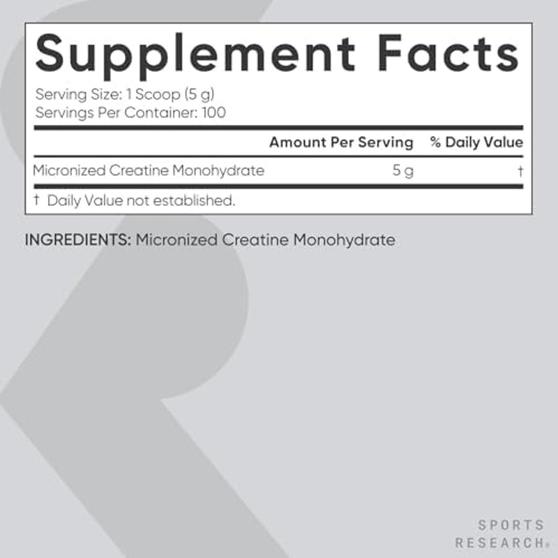 Sports Research Creatine Monohydrate - Ganar músculo magro, mejorar el rendimiento y la fuerza y apoyar la recuperación del entrenamiento* - 5 g de creatina micronizada - 17.46 oz