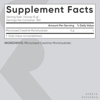Sports Research Creatine Monohydrate - Ganar músculo magro, mejorar el rendimiento y la fuerza y apoyar la recuperación del entrenamiento* - 5 g de creatina micronizada - 17.46 oz