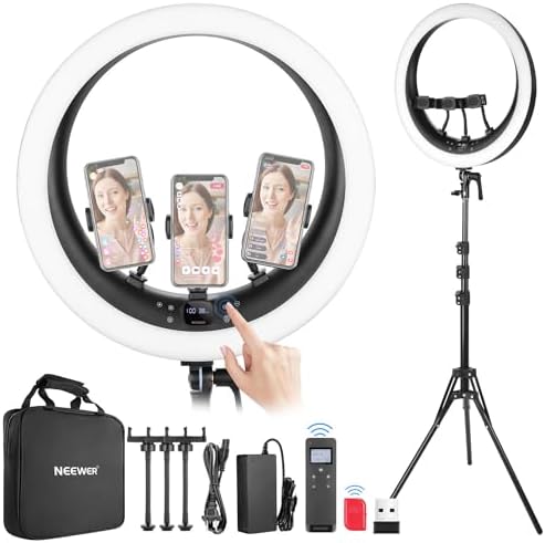 NEEWER 19 inch Ring Light with Stand, 3 Phone Holders and Mini Ball Head, Upgraded 2.4G & Touch Control, Smooth Dimming at 1%, 3200K-5600K for Selfie TikTok Live Streaming Video Recording Zoom, RP19H