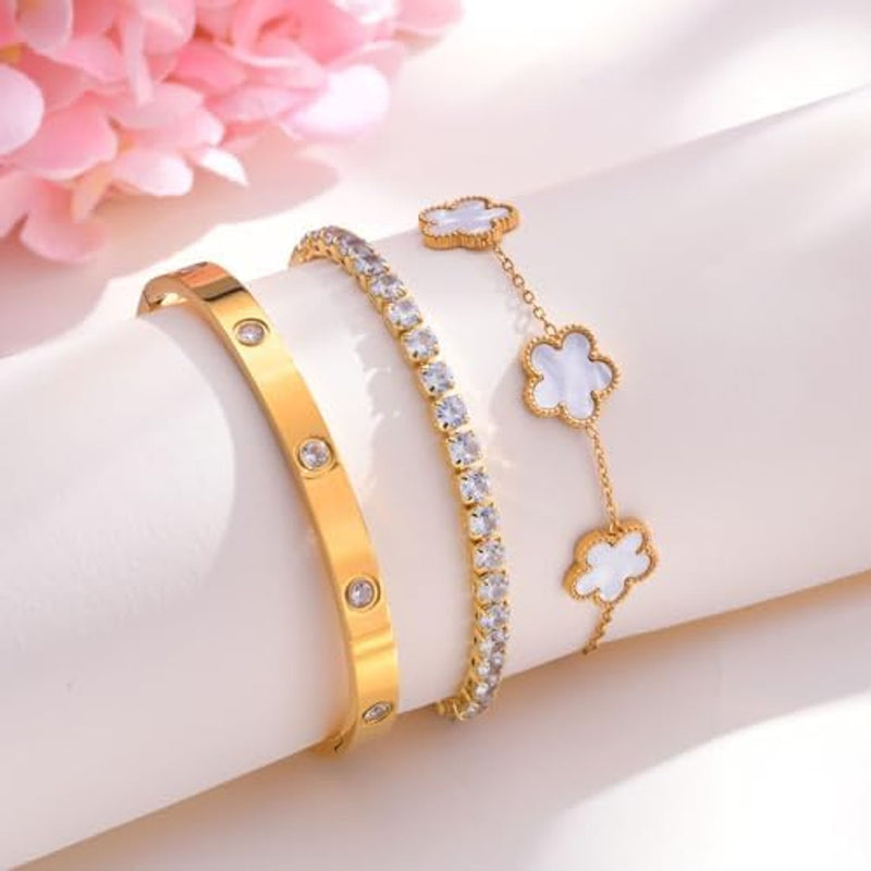Ofertaza, MPRAINBOW Womens Stackable Floral Gold Bracelets - 3Pcs 18K Gold