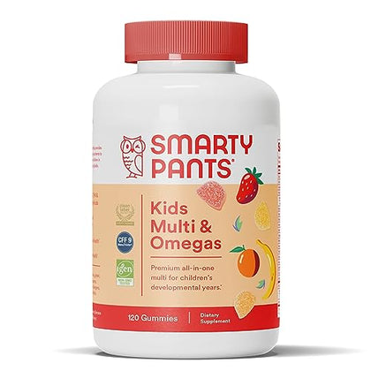 SmartyPants Kids Multivitamin Gummies: Omega 3 Fish Oil (EPA/DHA), Vitamin D3, C, Vitamin B12, B6, A, K & Zinc for Immune Support, Biotin, Gluten Free, Three Fruit Flavors, 120 Count (30 Day Supply)