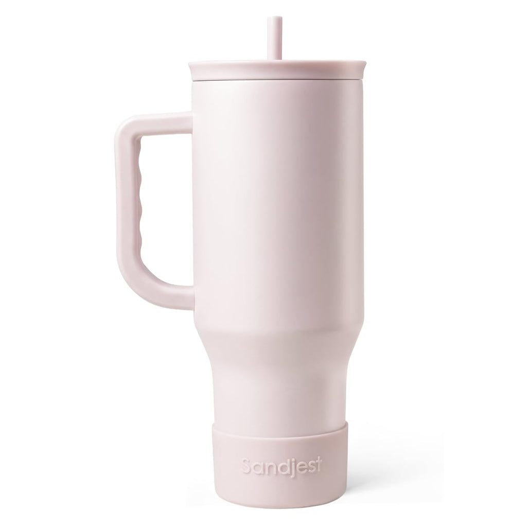 SANDJEST Pale Pink 40oz Tumbler with Handle and Straw, Insulated Stainless Steel Travel Coffee Mug for Women Girls, Gift Idea for Birthday Christmas Mothers Day