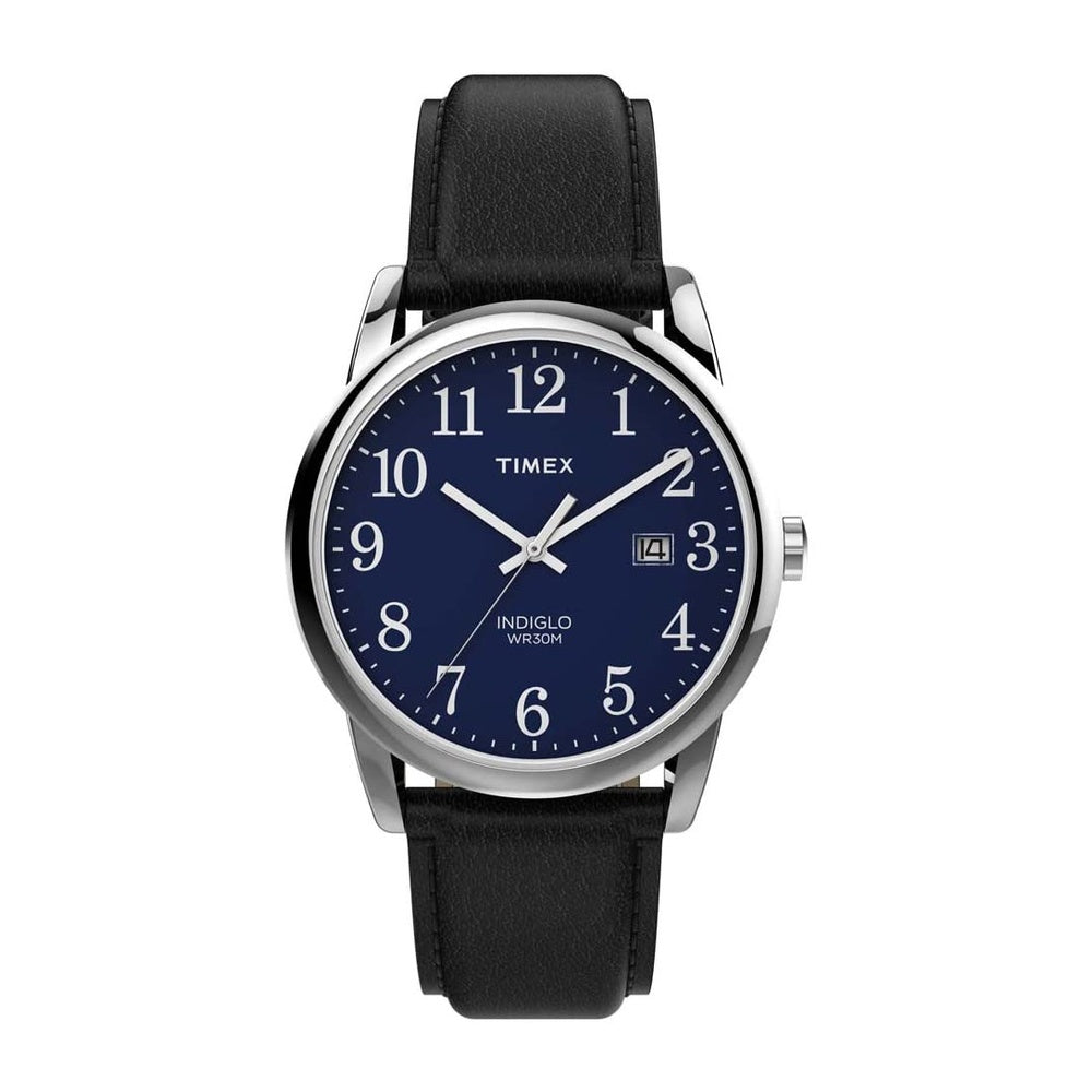Reloj Timex Easy Reader para hombre con correa de cuero negro, esfera azul y luz Indiglo resistente al agua
