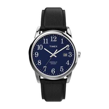 Reloj Timex Easy Reader para hombre con correa de cuero negro, esfera azul y luz Indiglo resistente al agua
