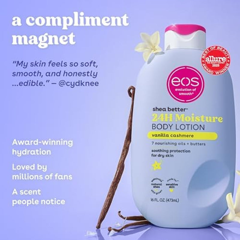 eos Shea Better Loción corporal Vanilla Cashmere, cuidado de la piel con humedad las 24 horas, ligera y no grasosa, karité natural, vegano, loción corporal de vainilla, 16 onzas líquidas