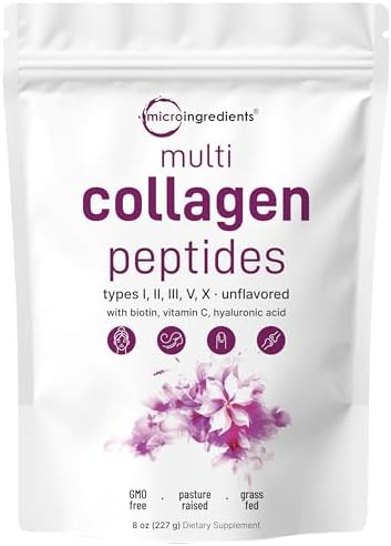 Micro Ingredients Multi Collagen Peptides Powder, 2lb (82 Servings) | Hydrolyzed Type I, II, III, V, X with Biotin, Hyaluronic Acid & Vitamin C. Unflavored Collagen for Women & Men, Easy Dissolve
