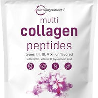 Micro Ingredients Multi Collagen Peptides Powder, 2lb (82 Servings) | Hydrolyzed Type I, II, III, V, X with Biotin, Hyaluronic Acid & Vitamin C. Unflavored Collagen for Women & Men, Easy Dissolve