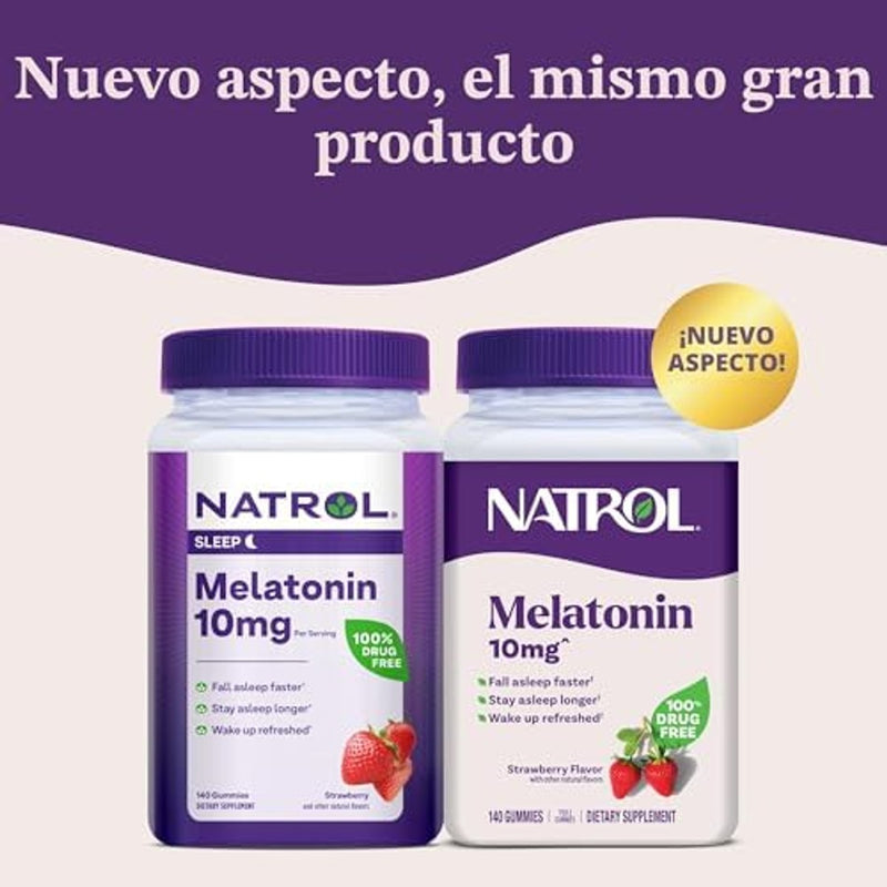 Natrol Gomitas de melatonina, apoyo para dormir para adultos, melatonina 10 mg, 140 sabor a fresa, hasta 70 días