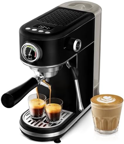 HIBREW H10B Programmable Espresso Machine with LED Display & Pressure Gauge | 20 Bar Compact Stainless Steel Coffee Maker with Milk Frother, 51mm Portafilter for Cappuccino Latte
