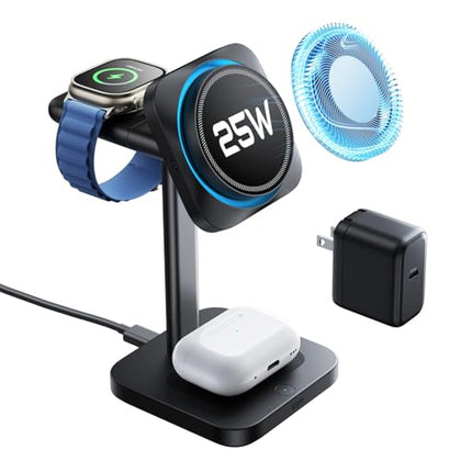 ESR for 3-in-1 Charging Station, Qi2.2 Certified 25W MagSafe Charger Stand with CryoBoost, Phone-Cooling Fast Charging Station, for iPhone 17/16/15/14/13/12, AirPods, Apple Watch, Black