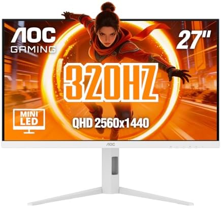 AOC 27 Inch Gaming Monitor QHD 320Hz Mini-LED HDR1000, White, Q27G4SLM/WS | 2560×1440 Computer Monitor, 0.3ms, HDR, DP 1.4, HDMI 2.0, Audio Out, Console Ready, 3-Year Zero-Bright-Dot