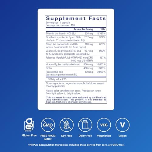 Pure Encapsulations B-Complex Plus, 120 Capsules | B Vitamins Supplement to Support Neurological Health, Cardiovascular Health, Energy Levels and Nervous System Support*